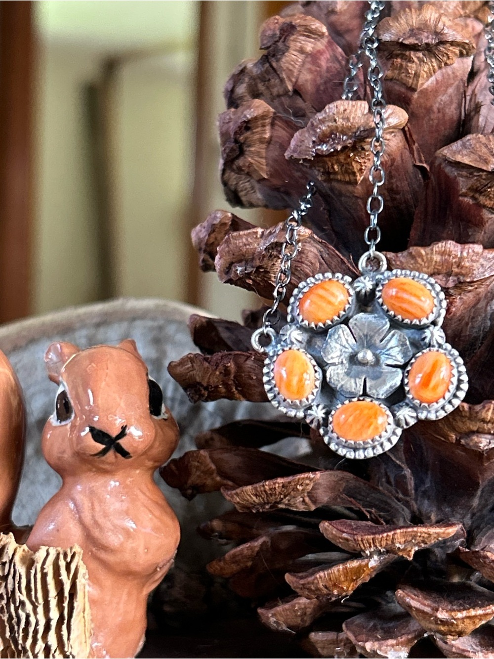 925 Sterling Flower fabulous Spiny oyster turquoise necklace